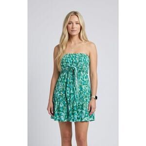 NWT Aakaa Strapless Smocked Tie Front‎ Printed Mini Dress Size M Vacation Beach
